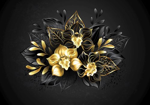 Fotótapéta Composition of two black and one gold, jewelry orchids with ornamental plants, 400 x 260 cm