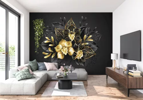 Fotótapéta Composition of two black and one gold, jewelry orchids with ornamental plants, 368 x 254 cm