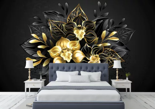Fotótapéta Composition of two black and one gold, jewelry orchids with ornamental plants, 368 x 254 cm