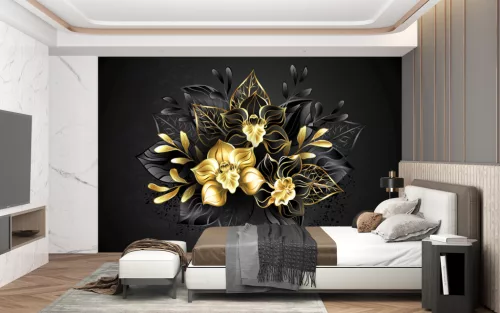 Fotótapéta Composition of two black and one gold, jewelry orchids with ornamental plants, 368 x 254 cm