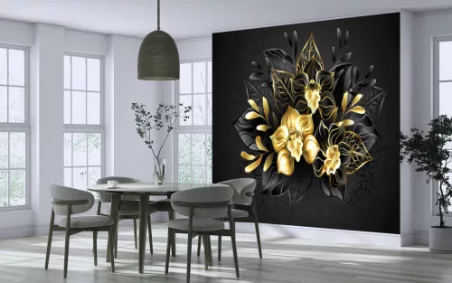Fotótapéta Composition of two black and one gold, jewelry orchids with ornamental plants, 368 x 254 cm