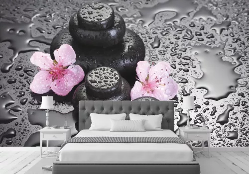 Fotótapéta Spa Stones with Drops and Pink Sakura Flowers, 368 x 254 cm