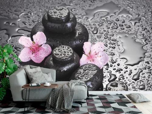 Fotótapéta Spa Stones with Drops and Pink Sakura Flowers, 368 x 254 cm
