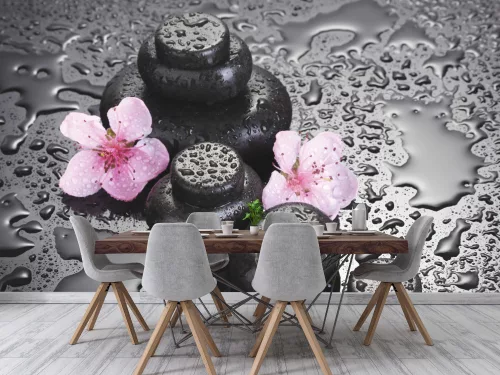 Fotótapéta Spa Stones with Drops and Pink Sakura Flowers, 368 x 254 cm