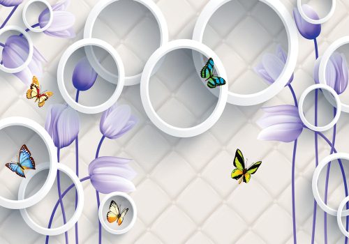 Fotótapéta  3d Violet Flowers, Butterflies, and White Cicles, 416 x 254 cm