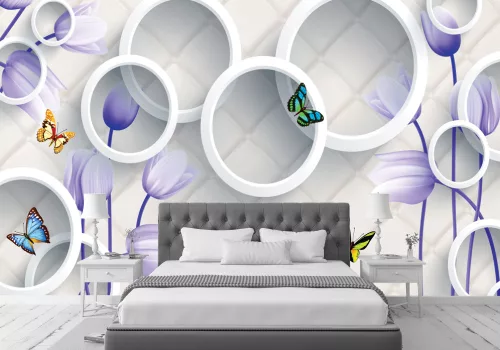 Fotótapéta 3d Violet Flowers, Butterflies, and White Cicles, 368 x 254 cm
