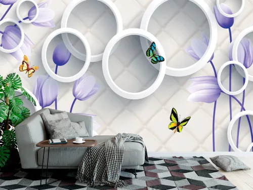 Fotótapéta 3d Violet Flowers, Butterflies, and White Cicles, 368 x 254 cm