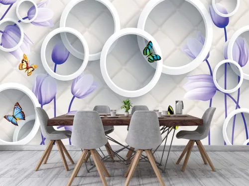Fotótapéta 3d Violet Flowers, Butterflies, and White Cicles, 368 x 254 cm