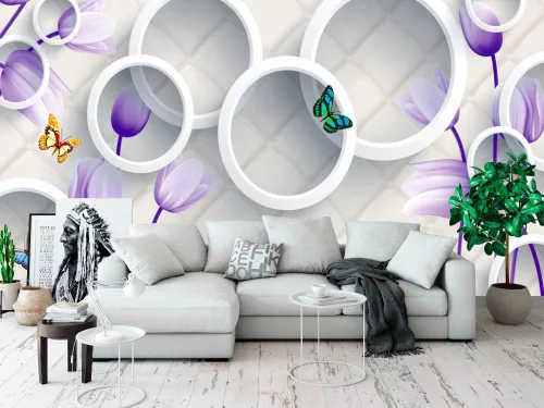 Fotótapéta 3d Violet Flowers, Butterflies, and White Cicles, 368 x 254 cm