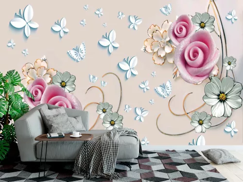 Fotótapéta 3d with Soft Flowers on the Beuge Background, 368 x 254 cm