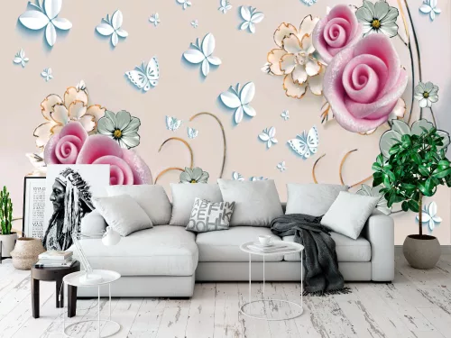 Fotótapéta 3d with Soft Flowers on the Beuge Background, 368 x 254 cm