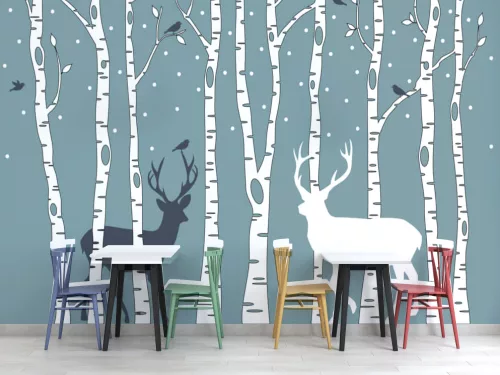 Fotótapéta Birch Trees with Birds and Deers, 368 x 254 cm