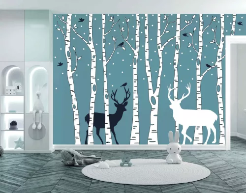 Fotótapéta Birch Trees with Birds and Deers, 368 x 254 cm