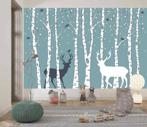Fotótapéta Birch Trees with Birds and Deers, 368 x 254 cm