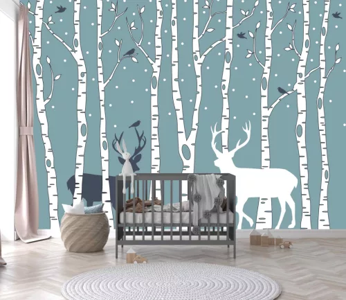 Fotótapéta Birch Trees with Birds and Deers, 368 x 254 cm