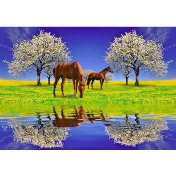 Fotótapéta Blooming cherry tree and horses, 368 x 254 cm