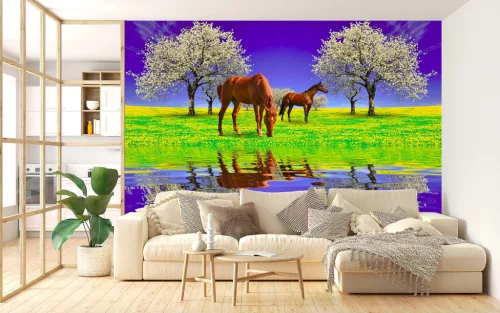 Fotótapéta Blooming cherry tree and horses, 368 x 254 cm