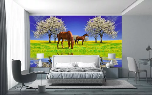 Fotótapéta Blooming cherry tree and horses, 368 x 254 cm