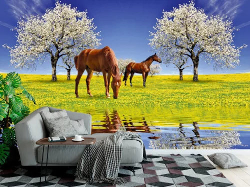 Fotótapéta Blooming cherry tree and horses, 368 x 254 cm