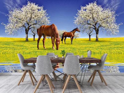 Fotótapéta Blooming cherry tree and horses, 368 x 254 cm