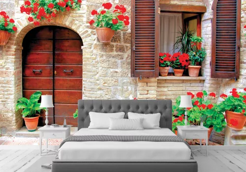 Fotótapéta Italian House with Colorful Potted Flowers, 368 x 254 cm