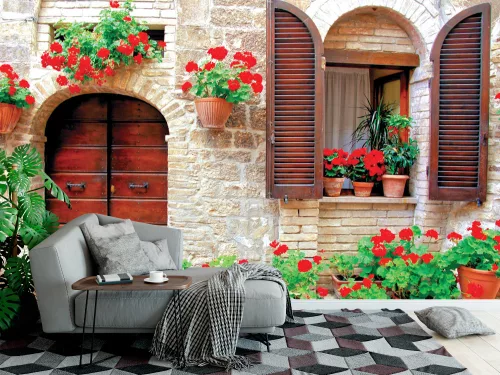 Fotótapéta Italian House with Colorful Potted Flowers, 368 x 254 cm