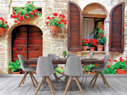 Fotótapéta Italian House with Colorful Potted Flowers, 368 x 254 cm