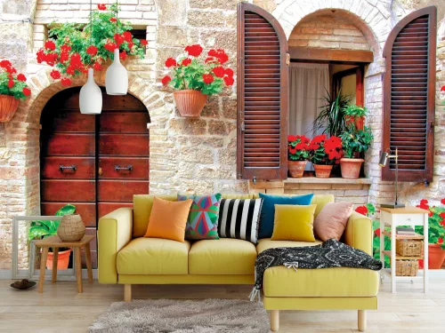 Fotótapéta Italian House with Colorful Potted Flowers, 368 x 254 cm