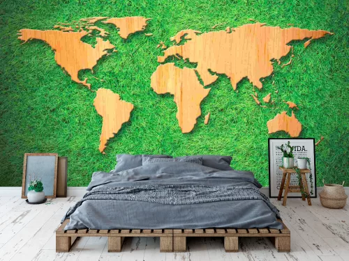 Fotótapéta Wood World Map on Green Grass Background, 368 x 254 cm