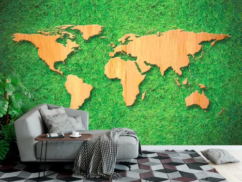 Fotótapéta Wood World Map on Green Grass Background, 368 x 254 cm