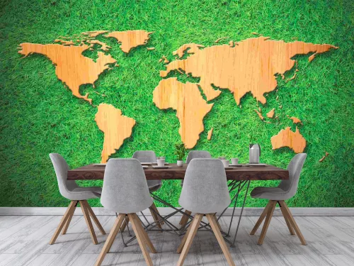Fotótapéta Wood World Map on Green Grass Background, 368 x 254 cm