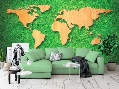 Fotótapéta Wood World Map on Green Grass Background, 368 x 254 cm