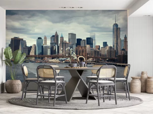 Fotótapéta New York, Manhattan, and Brooklyn Bridge - Evening Panorama Skyline, 368 x 254 cm