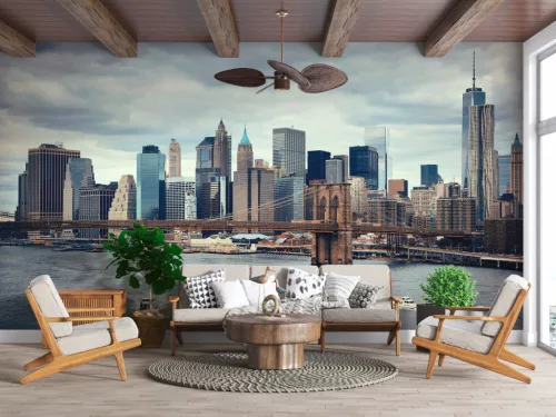 Fotótapéta New York, Manhattan, and Brooklyn Bridge - Evening Panorama Skyline, 368 x 254 cm