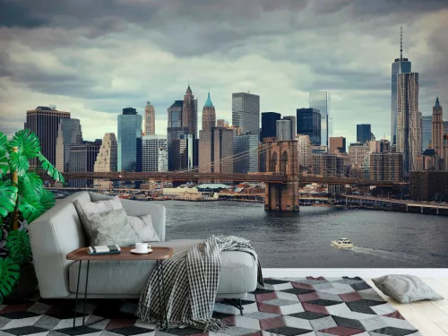 Fotótapéta New York, Manhattan, and Brooklyn Bridge - Evening Panorama Skyline, 368 x 254 cm