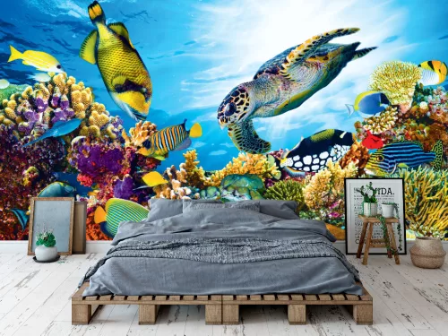 Fotótapéta Coral Reef With Fishes And Sea Turtle , 368 x 254 cm