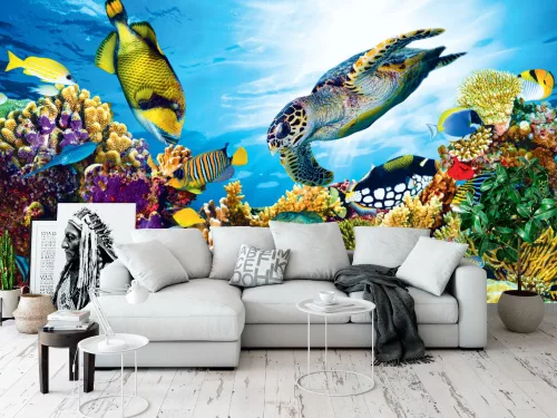 Fotótapéta Coral Reef With Fishes And Sea Turtle , 368 x 254 cm