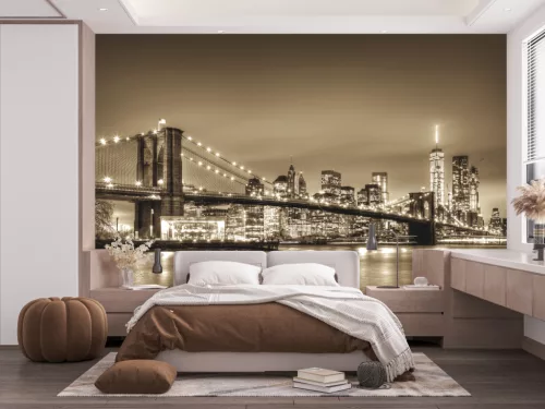 Fotótapéta Brooklyn Bridge and Manhattan Downtown Skyline at Dusk in Sepia, 368 x 254 cm