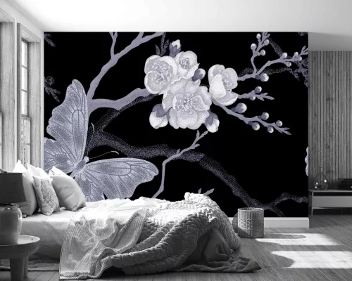 Fotótapéta Sakura Branch and Butterflies in Victorian Style, 368 x 254 cm