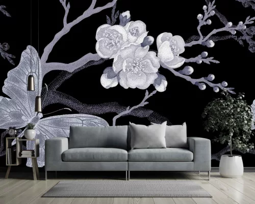 Fotótapéta Sakura Branch and Butterflies in Victorian Style, 368 x 254 cm