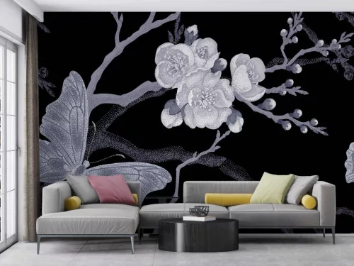 Fotótapéta Sakura Branch and Butterflies in Victorian Style, 368 x 254 cm