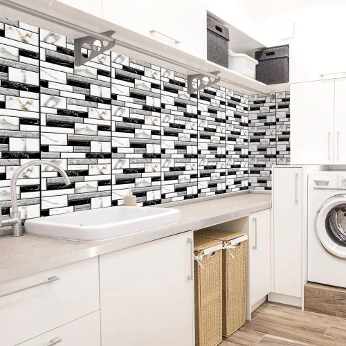 Csempematrica, 3D Öntapadós falpanel, Márvány fekete, szürke és fehér, 4db/csomag