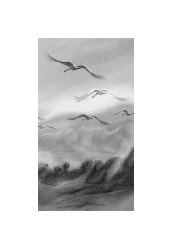 Tapéta madarak repülése fekete-fehérben - 150x270 cm