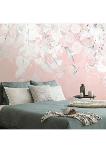 Tapéta levelek kolibrikkel rózsaszín-szürkében - 300x200