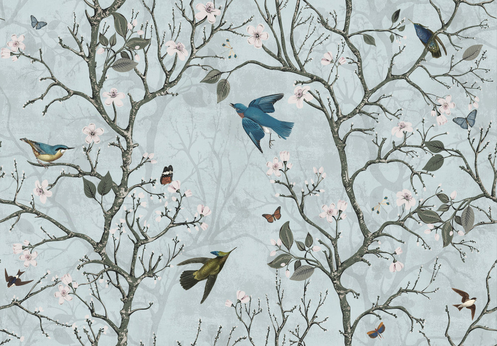 Madarak a virágzó fákon poszter, fotótapéta, Vlies (416 x 254 cm)