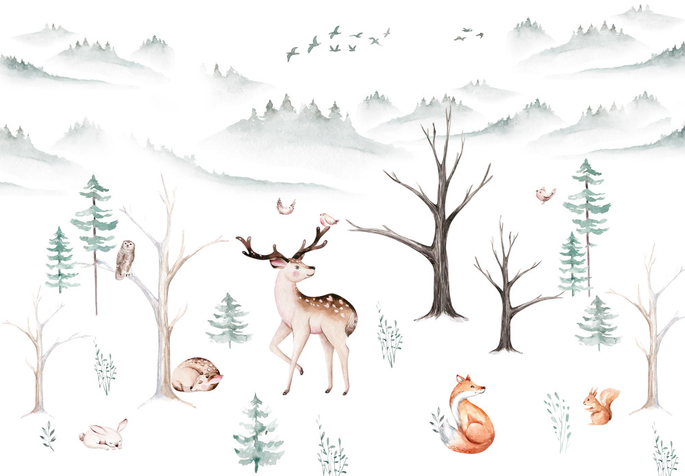 Állatok és az erdő gyerek mintás poszter, fotótapéta Vlies (152,5 x 104 cm)