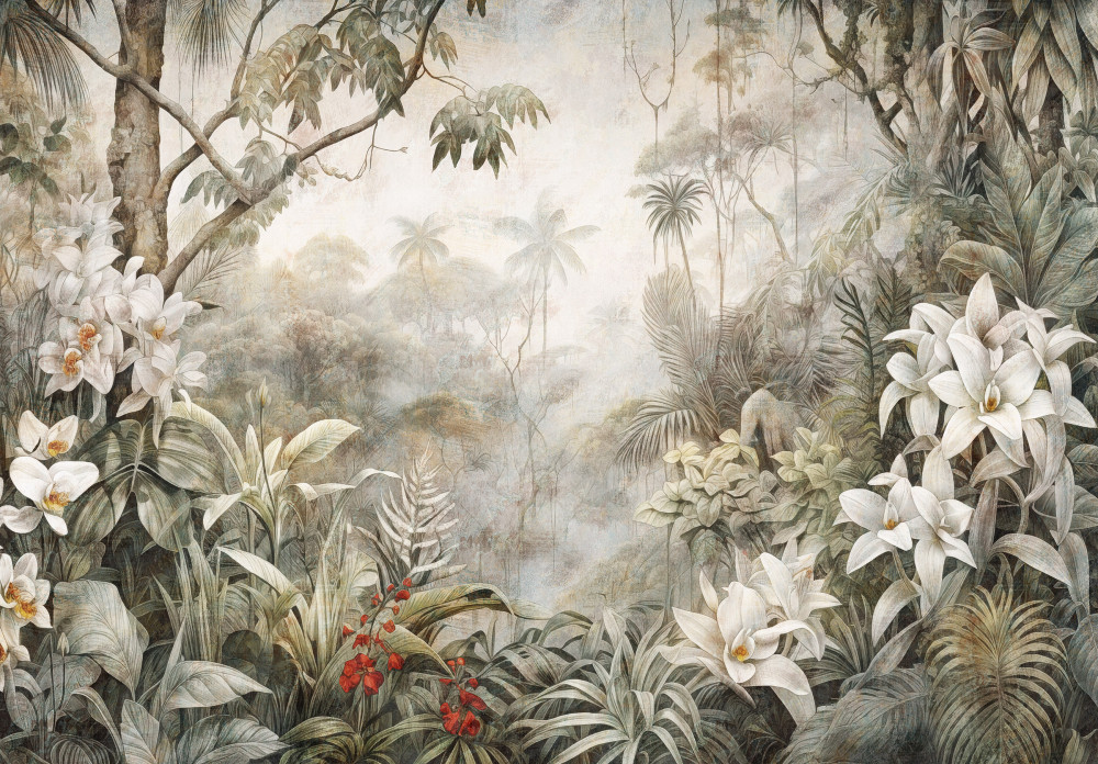 Fehér virágok a dzcungelben poszter, fotótapéta, Vlies (104 x 70,5 cm)