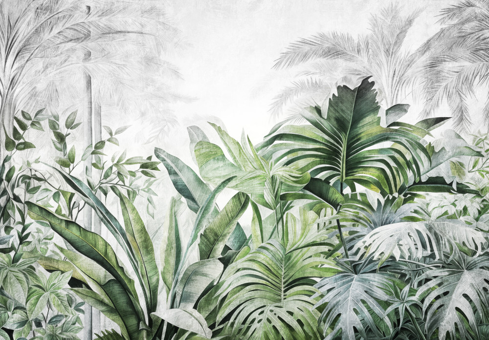 Zöld trópusi levelek - szürke leveles háttér poszter, fotótapéta Vlies (254 x 184 cm)