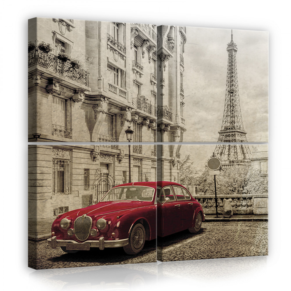 Vászonkép 4 darabos, Piros autó Párizsban 50x50 cm méretben