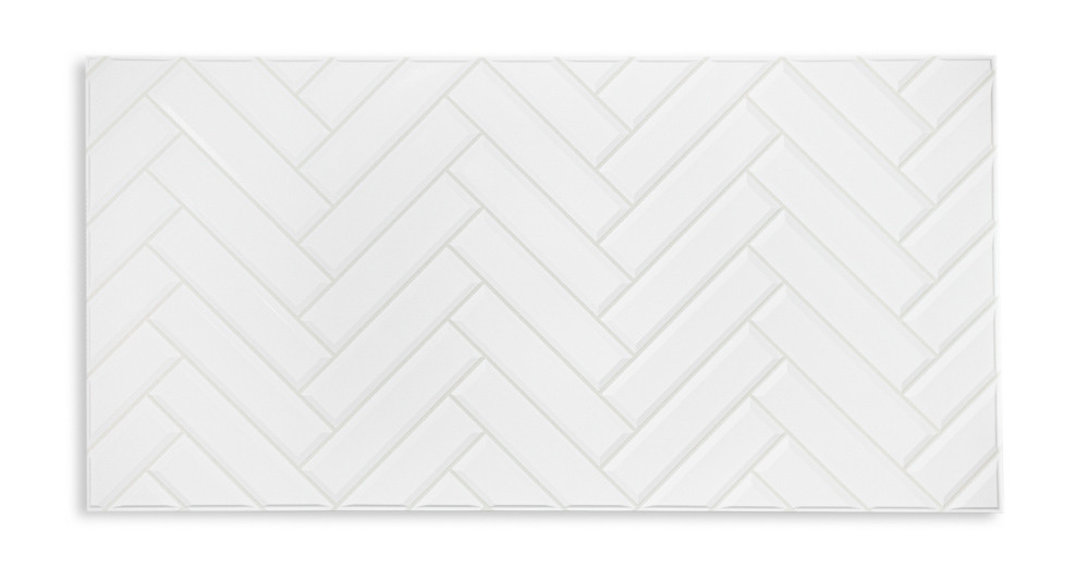 3D PVC falpanel Fehér halszálka mintás , fényes fehér minta krém fúgával.